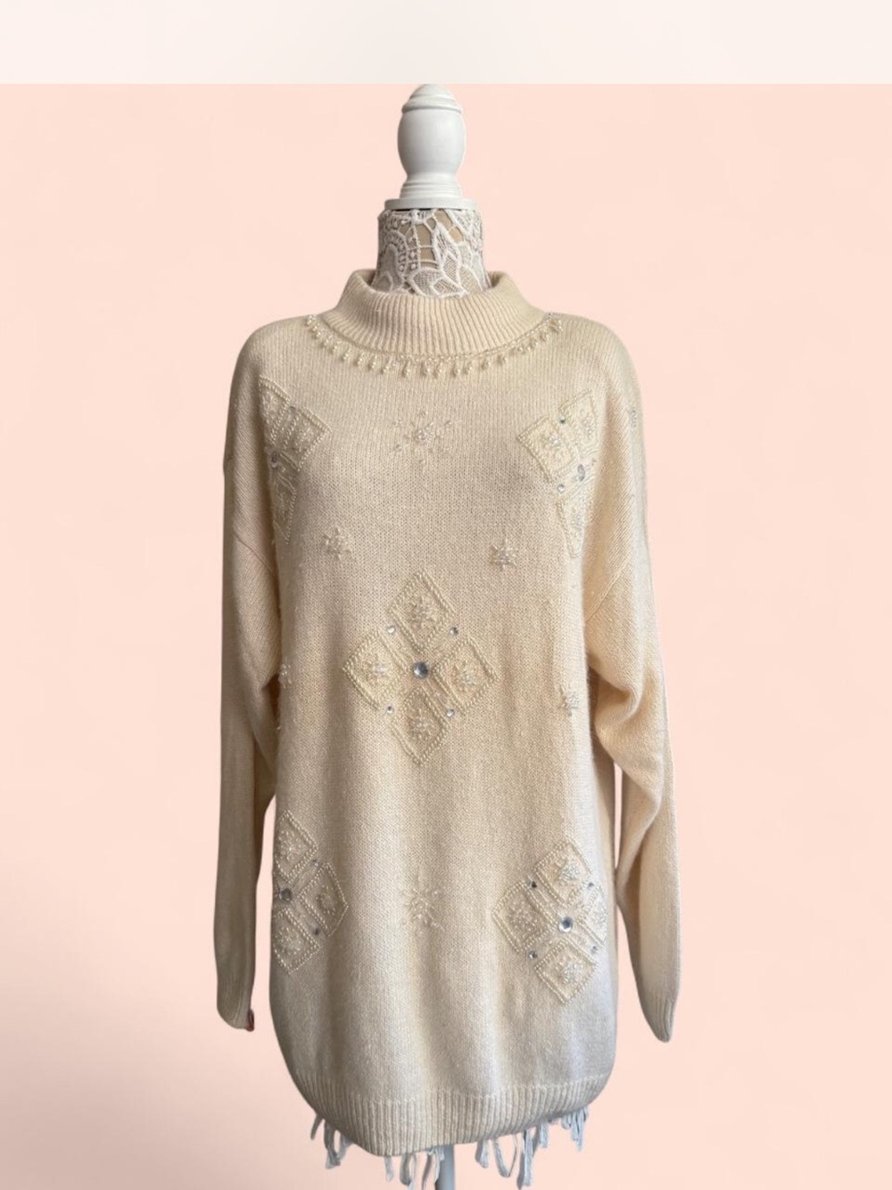 True-Vintage 80s Sheridan Square Cream Embellished Mock Neck Women’s Sweater